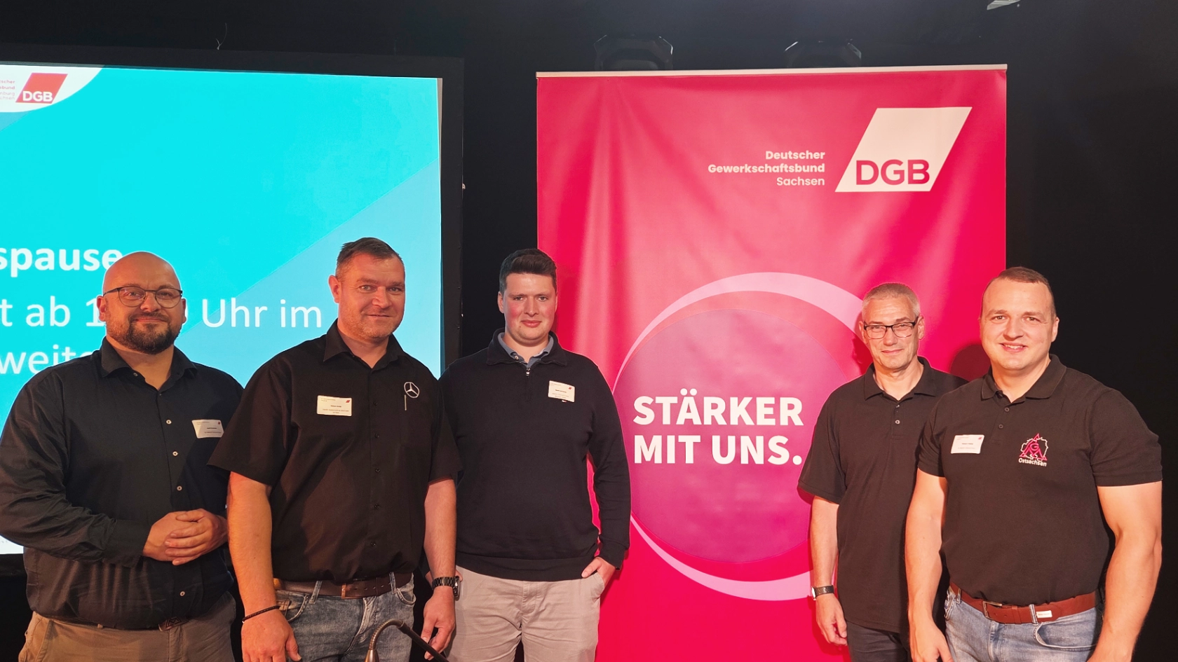 Die IG Metall Ostsachsen auf der Lausitz-Konferenz (von links nach rechts): Axel Drescher (IG Metall Ostsachsen), Robert Knop (BRV Hedin Sachsen), Noah Muhlack (JAV-Vorsitzender Alstom Bautzen), Olaf Wobst (BRV Alstom Bautzen), Robert Hieke (IG Metall Ostsachsen) 